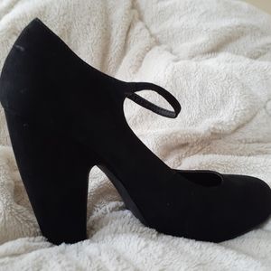 Black Suede Chunky Heel Mary Jane Pumps